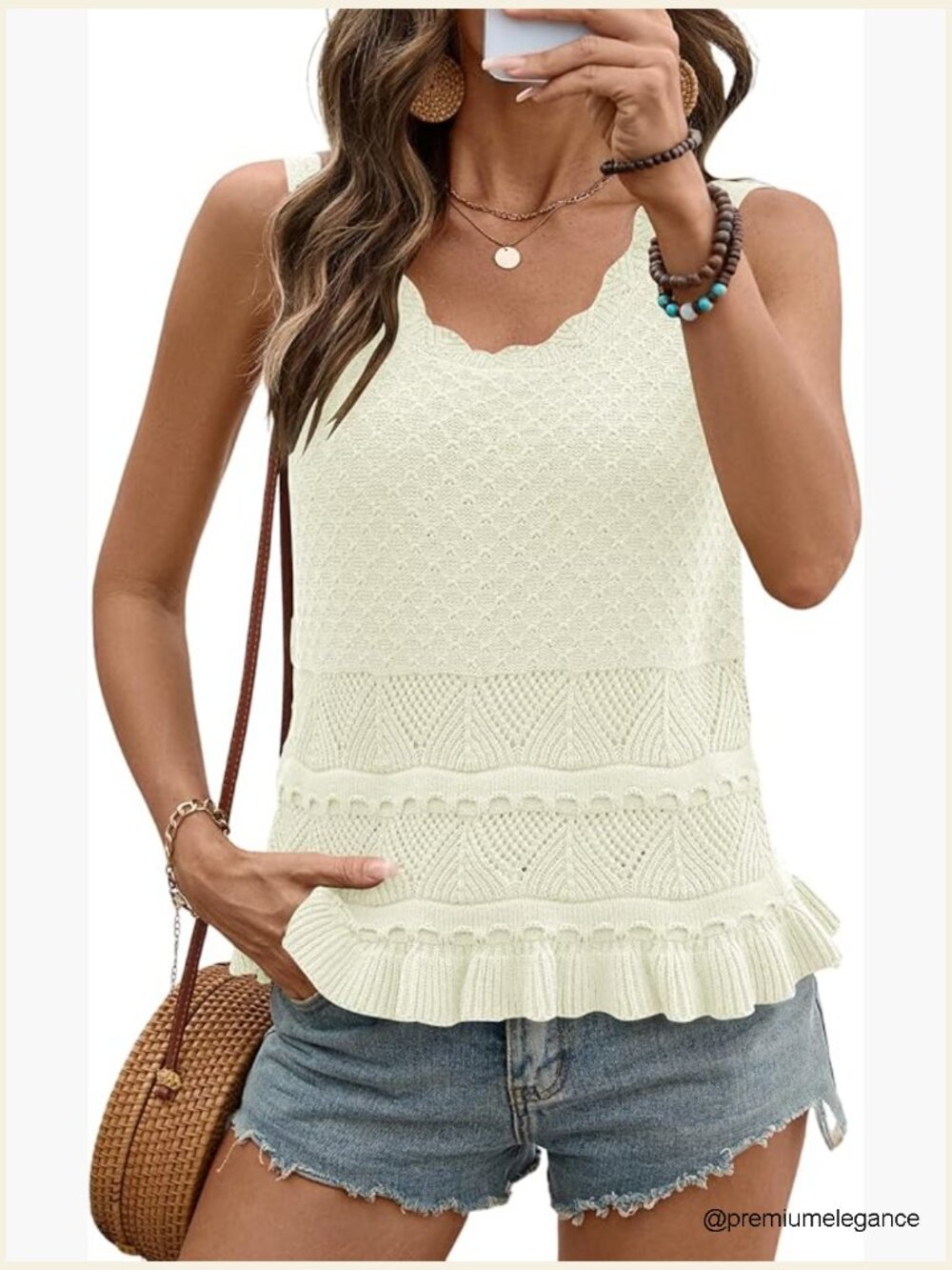Crochet Sweater Vest Ruffle Hem Boho Knit Crop Tank Top Sleeveless